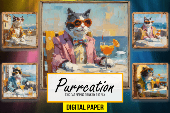 Chic Cat Sipping Drink by the Sea: Elevate Your Creative Vision