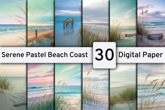 Serene Pastel Beach Coast Digital Papers: 30 Tranquil Backgrounds